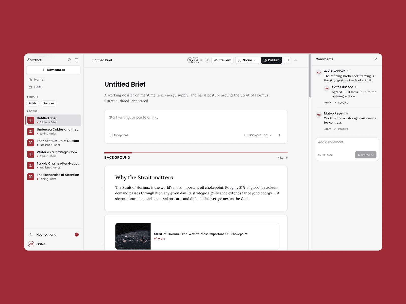 The Abstract brief editor, showing a working brief with its sources, commentary and citation-first reader view
