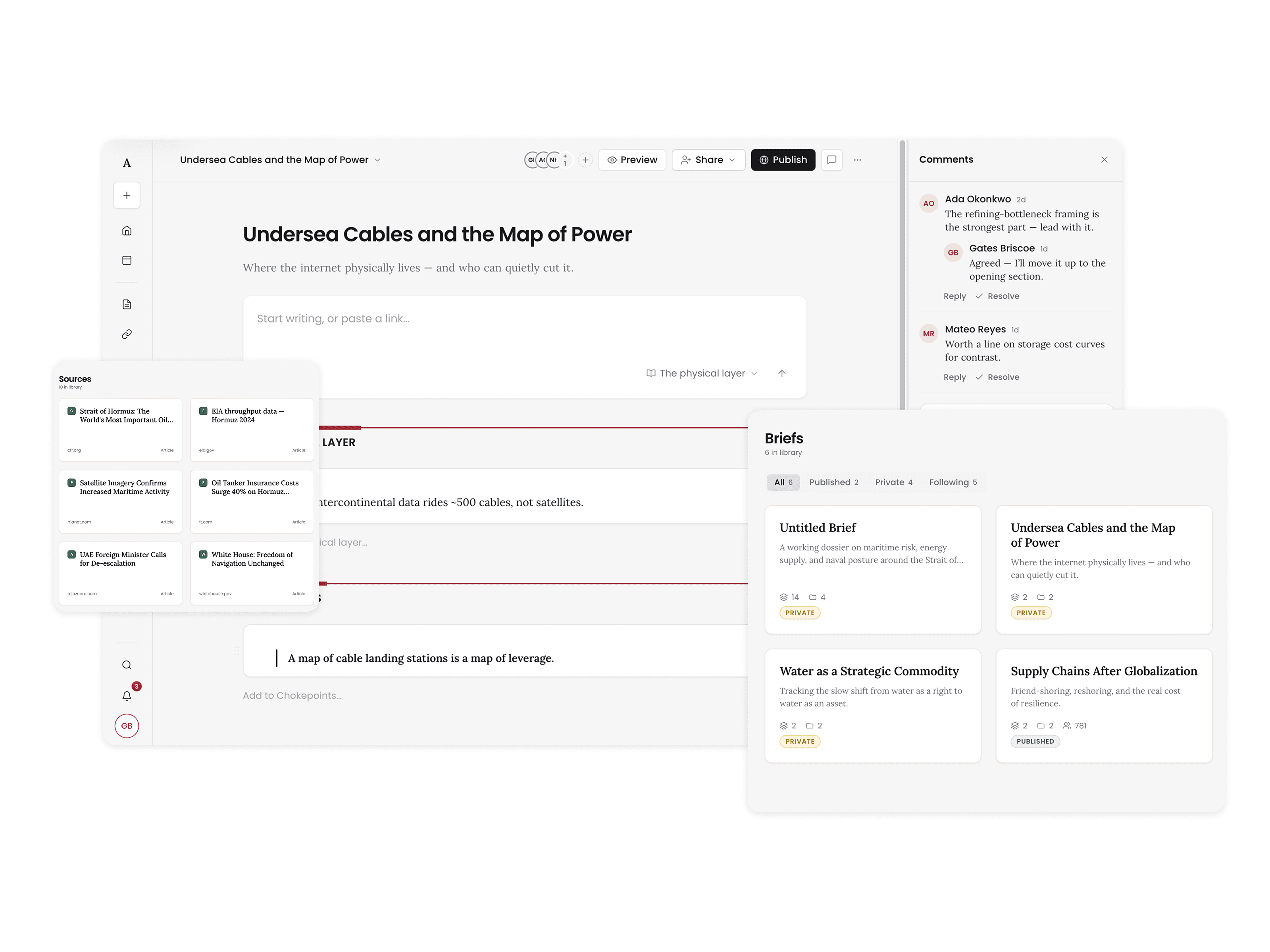 The Abstract workspace: a brief editor holding a titled document with a writing prompt and sectioned content, a Sources panel of collected articles, a Comments thread, and a Briefs library of published and private briefs.