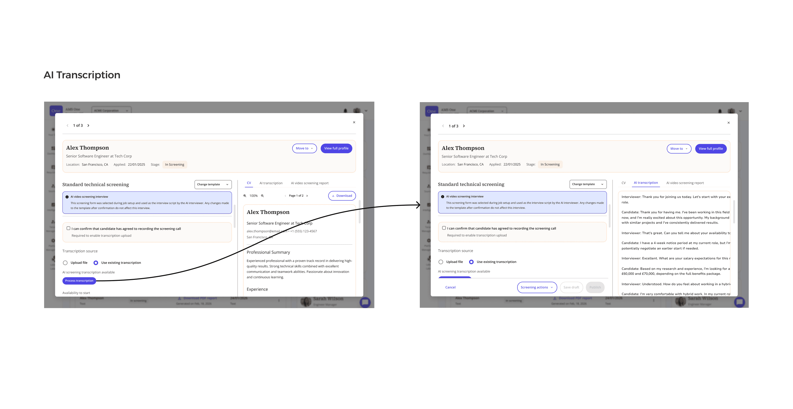 The Create briefing form in AMS One, with requisition details and job description fields.