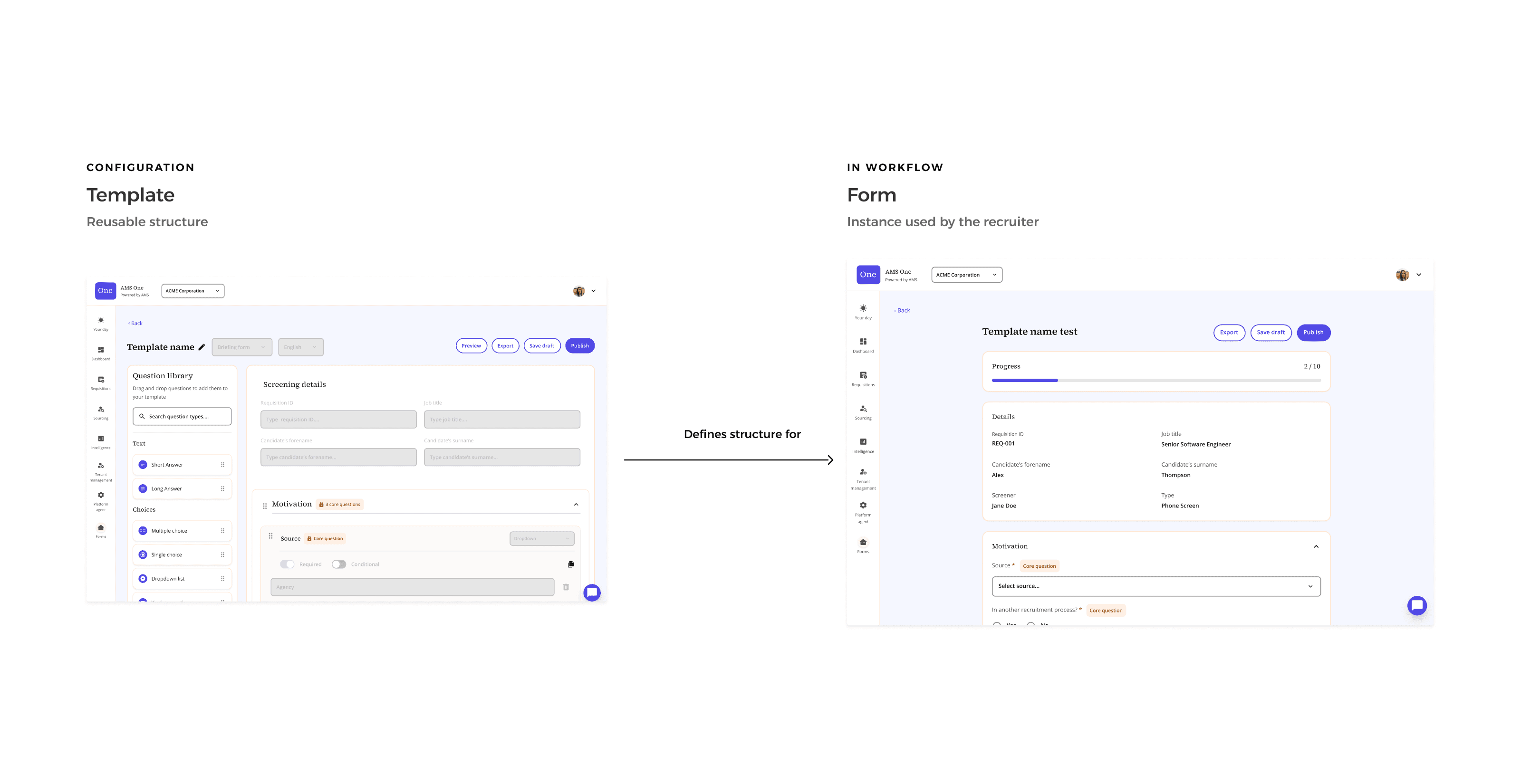 Template Builder, showing a question configured once with required, conditional and dependent-answer rules.