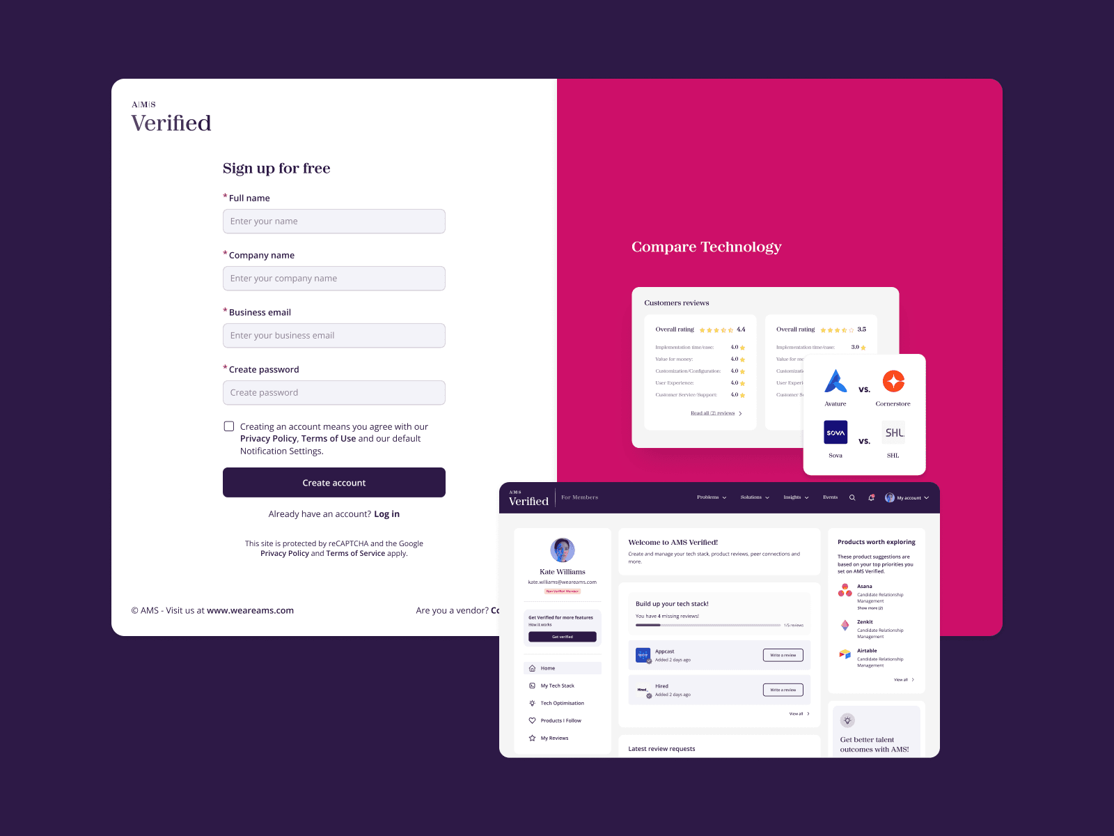 AMS Verified cover: the member log-in screen layered over the free sign-up form beside the Compare Technology panel